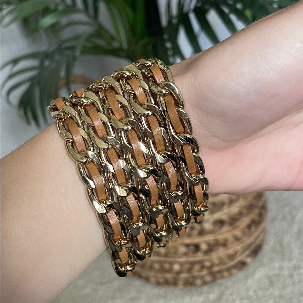 Gold & Brown Braided Chain Cuff Bracelet • Boho Layered Statement Jewelry - Picture 5 of 7